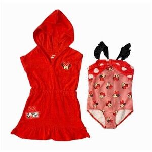 Disney Junior Minnie Mousse Girls 2 Pice Swim Set-Swimsuit & Hooded Cover Up-2T